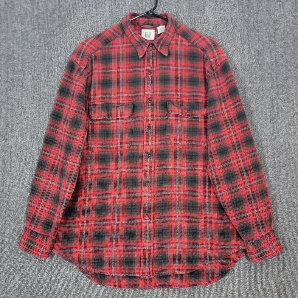 GAP Shirt Mens Medium Red Black Gray Plaid Flannel Long Sleeve Button Up
